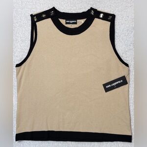 Karl Lagerfeld Paris Sleeveless Knit Top Beige Black Button Shoulder Size XL NWT
